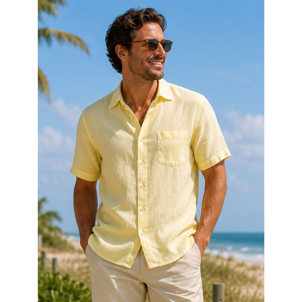 Pronto Uomo 100% Linen Shirt Men’s L Yellow Short Sleeve Button Down Coastal